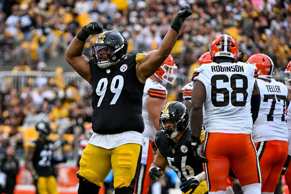 Oct 12, 2025; Pittsburgh, Pennsylvania, USA; Pittsburgh Steelers defensive tackle Derrick Harmon (99) reacts during the second quarter at Acrisure Stadium. Mandatory Credit: Barry Reeger-Imagn Images