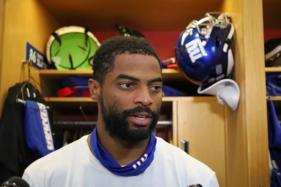 Giants wide receiver Darius Slayton (18) when the New York Giants practiced Wednesday, October 22, 2025. Robert Sabo for NY Post