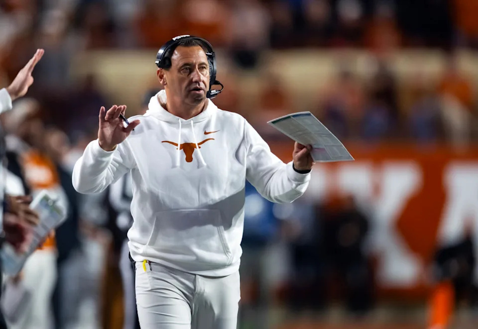 Dec 21, 2024; Austin, Texas, USA; Texas Longhorns head coach Steve Sarkisian against the Clemson Tigers during the CFP National playoff first round at Darrell K Royal-Texas Memorial Stadium. Mandatory Credit: Mark J. Rebilas-Imagn Images© Mark J&period; Rebilas-Imagn Images