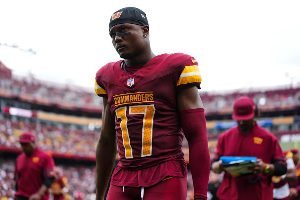 Terry McLaurin of the Washington Commanders runs off of the field at halftime during a game against the Las Vegas Raiders. (Photo by Cooper Neill/Getty Images)