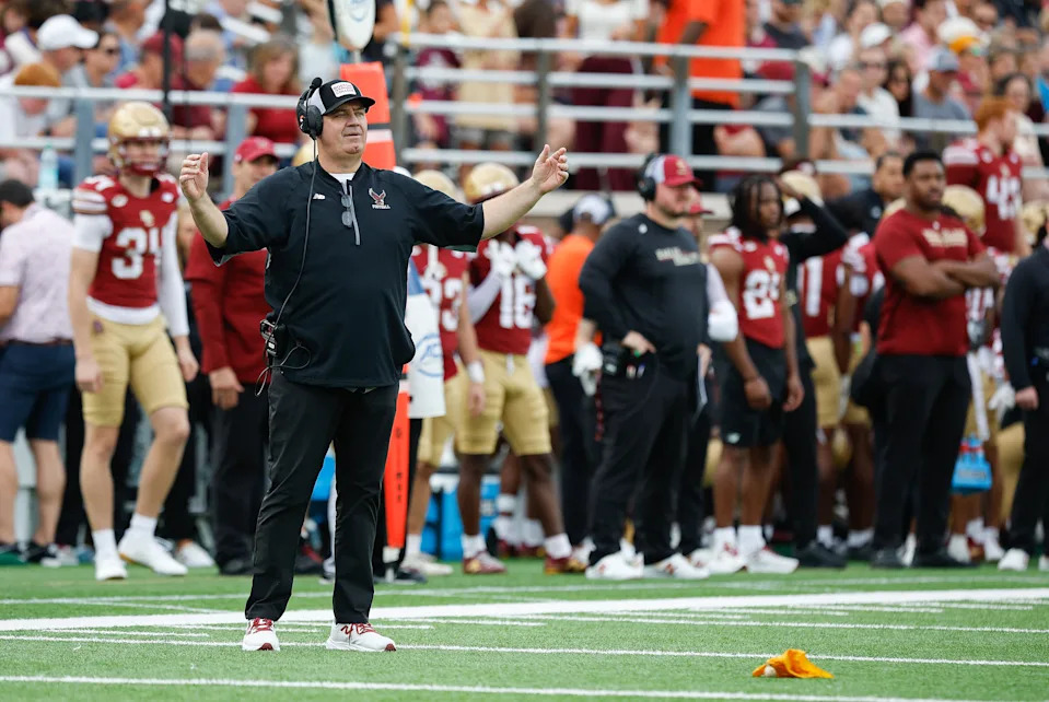CHESTNUT HILL, MA - SEPTEMBER 27: Boston College Eagles head coach Bill O'Brien reacts during the college football game between California Golden Bears and Boston College Eagles on September 27, 2025, at Alumni Stadium in Chestnut Hill, MA. (Photo by M. Anthony Nesmith/Icon Sportswire via Getty Images)
