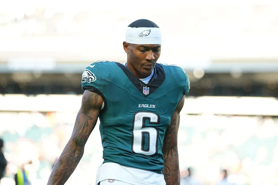DeVonta Smith of the Philadelphia Eagles walks off the field after the 21-17 loss against the Denver Broncos in the game at Lincoln Financial Field on October 05, 2025. Getty Images