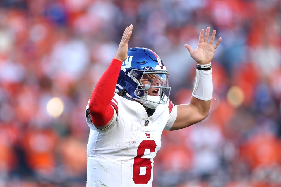 DENVER, COLORADO - OCTOBER 19: Jaxson Dart #6 of the New York Giants celebrates after a rushing touchdown in the fourth quarter of a game against the Denver Broncos at Empower Field At Mile High on October 19, 2025 in Denver, Colorado. (Photo by Matthew Stockman/Getty Images)