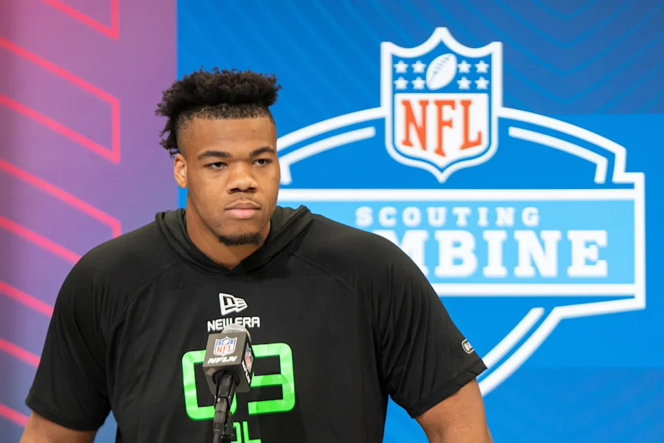 Mar 1, 2025; Indianapolis, IN, USA; University of Oregon offensive lineman Ajani Cornelius (OL09) answers questions at a press conference during the 2025 NFL Combine at Indiana Convention Center. Mandatory Credit: Jacob Musselman-Imagn Images