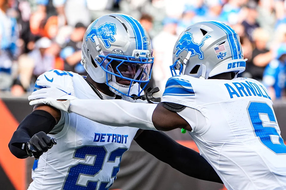 Detroit Lions cornerback Rock Ya-Sin (23) and cornerback Terrion Arnold