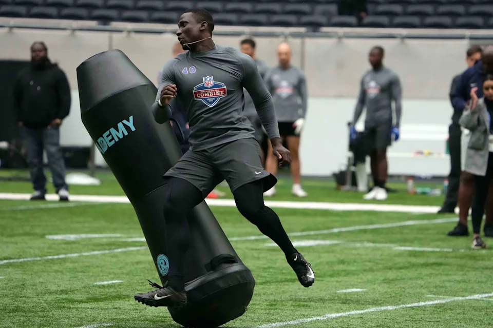 Oct 12, 2021; London, United Kingdom; Adedayo Odeleye (GBR) during the NFL International Combine at Tottenham Hotspur Stadium. Mandatory Credit: Kirby Lee-USA TODAY Sports