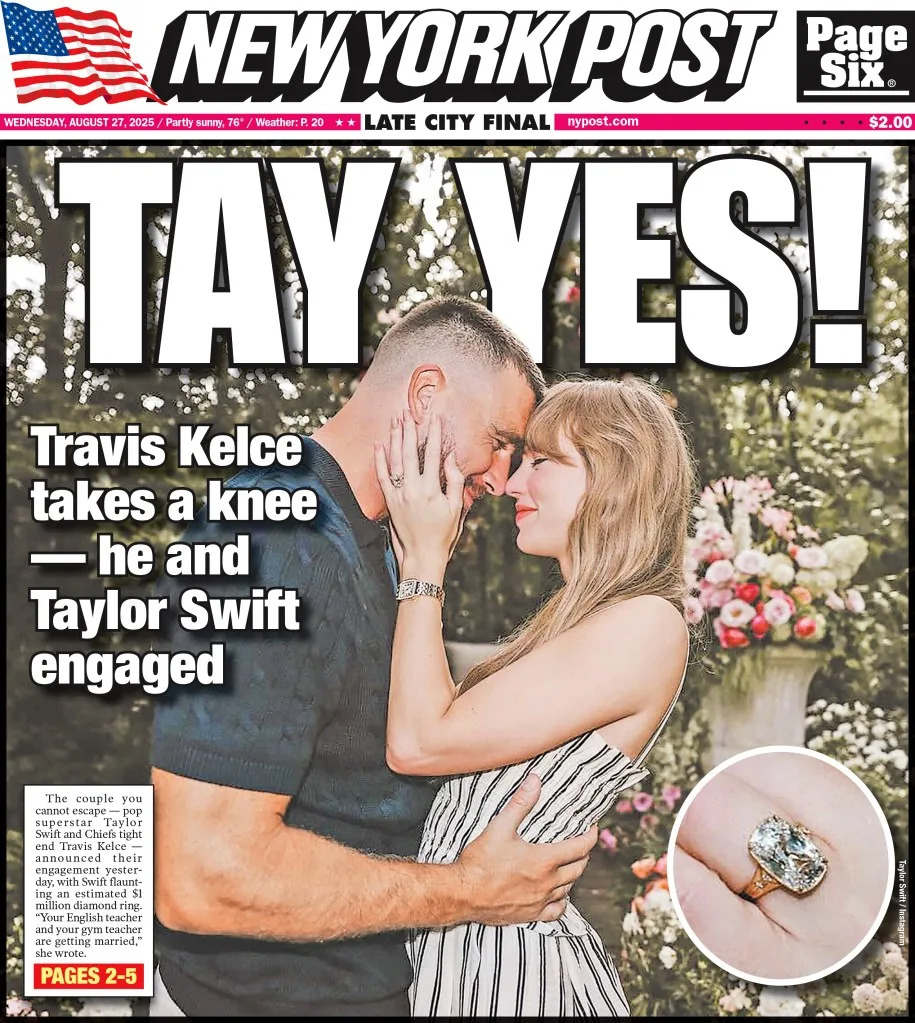 The New York Post cover for August 27, 2025, showing Taylor Swift and Travis Kelce’s engagement. rfaraino