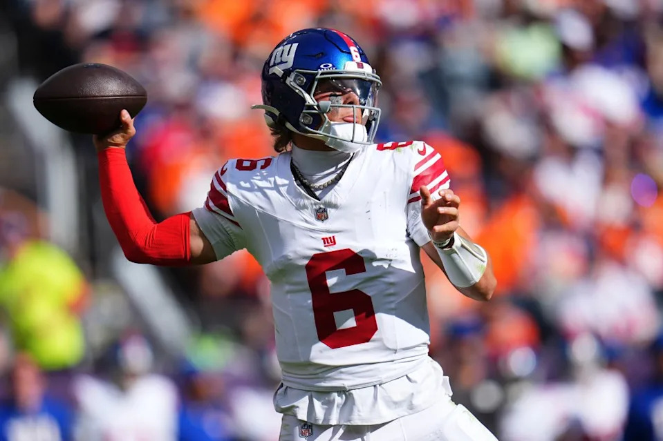 New York Giants quarterback Jaxson Dart passes against the Denver Broncos on Sunday, Oct. 19. AP
