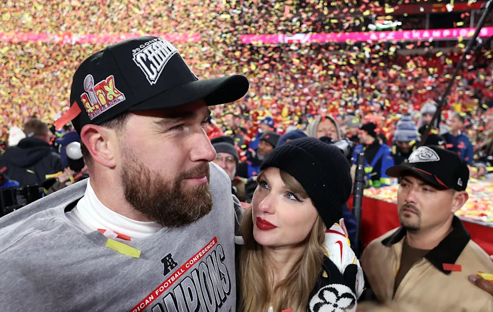 Kansas City Chiefs TE Travis Kelce celebrates with Taylor Swift after the Chiefs defeated the Buffalo Bills 32-29 to win the AFC Championship Game in January.