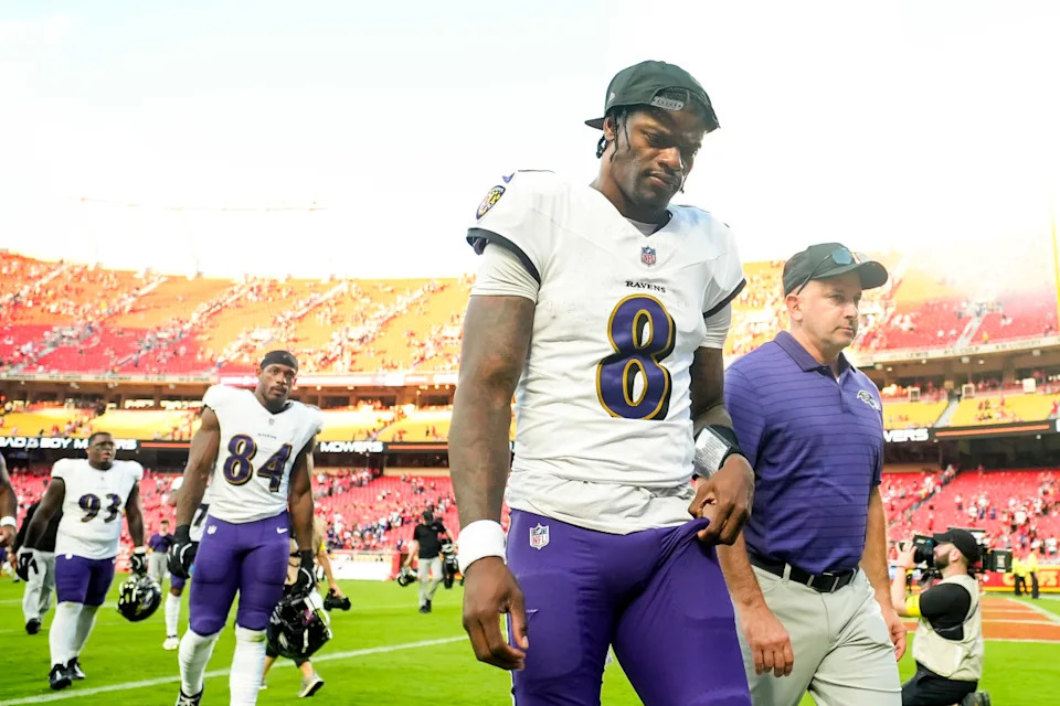 Sep 28, 2025; Kansas City, Missouri, USA; Baltimore Ravens quarterback Lamar Jackson (8) leaves the field after a game against the Kansas City Chiefs at GEHA Field at Arrowhead Stadium. Mandatory Credit: Jay Biggerstaff-Imagn Images