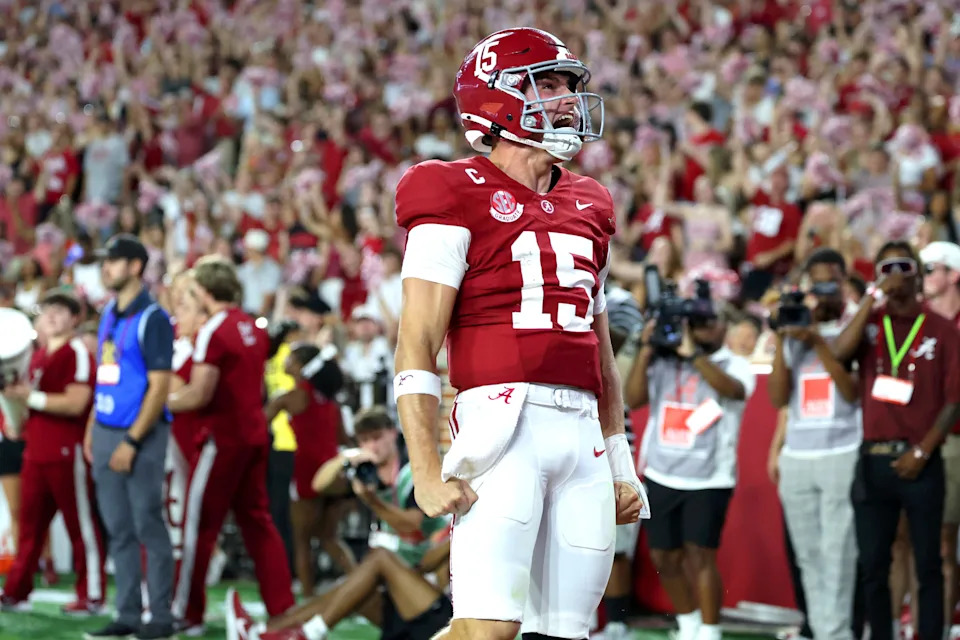 Sep 6, 2025; Tuscaloosa, Alabama, USA; Alabama Crimson Tide quarterback Ty Simpson (15) reacts after a short-lived touchdown that was called back during the second quarter against the Louisiana Monroe Warhawks at Saban Field at Bryant-Denny Stadium. Mandatory Credit: David Leong-Imagn Images
