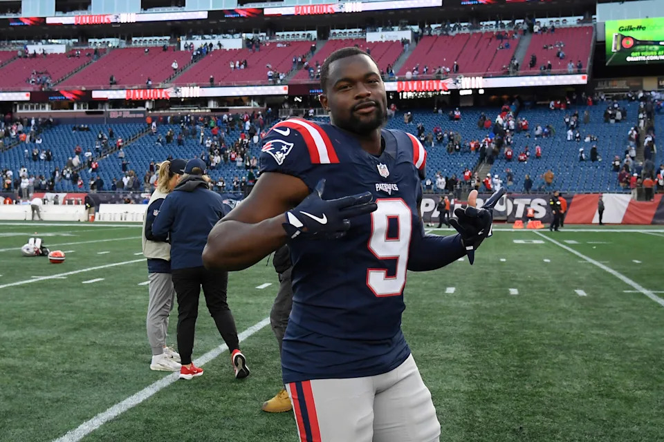 New England Patriots wide receiver Kayshon Boutte reacts to the win against the Cleveland Browns.