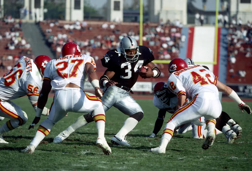 Nov 25, 1990; Los Angeles, CA, USA; FILE PHOTO; Bo Jackson of the Los Angeles Raiders in action against the Kansas City Chiefs at the Los Angeles Coliseum. Mandatory Credit: Photo By USA TODAY Sports