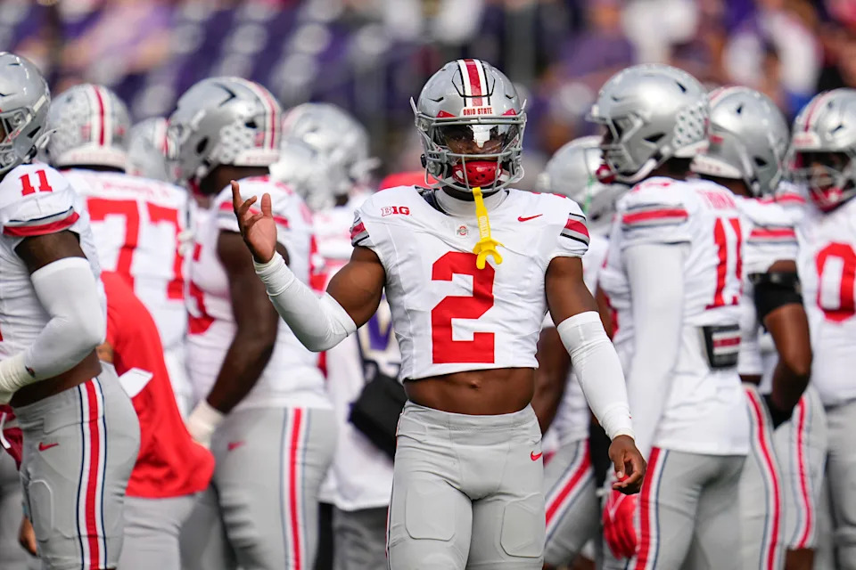 Ohio State Buckeyes safety Caleb Downs (2) warms up prior to the NCAA football game against the Washington Huskies at Husky Stadium in Seattle on Sept. 27, 2025.