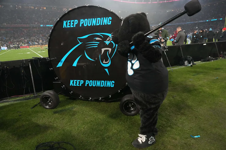 Nov 10, 2024; Munich, Germany; Carolina Panthers mascot Sir Purr during the 2024 NFL Munich Game at Allianz Arena. Mandatory Credit: Kirby Lee-Imagn Images