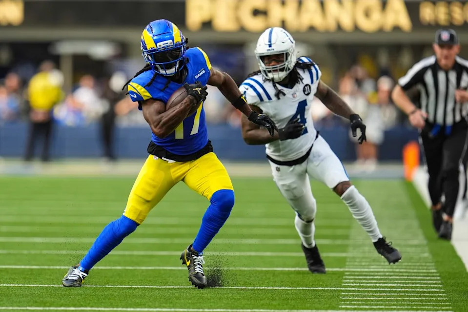 Los Angeles Rams wide receiver Davante Adams (17) runs past Indianapolis Colts cornerback Xavien Howard (4) after a catch during the second hall of an NFL football game Sunday, Sept. 28, 2025, in Inglewood, Calif. AP