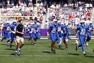SMU players take the field before an NCAA football game against TCU, Saturday, Sept. 20,...