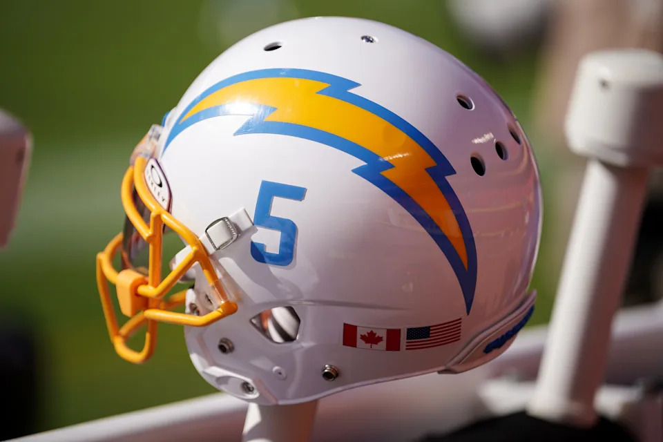 Oct 22, 2023; Kansas City, Missouri, USA; A general view of a Los Angeles Chargers helmet against the Kansas City Chiefs during the first half at GEHA Field at Arrowhead Stadium. Mandatory Credit: Denny Medley-USA TODAY Sports