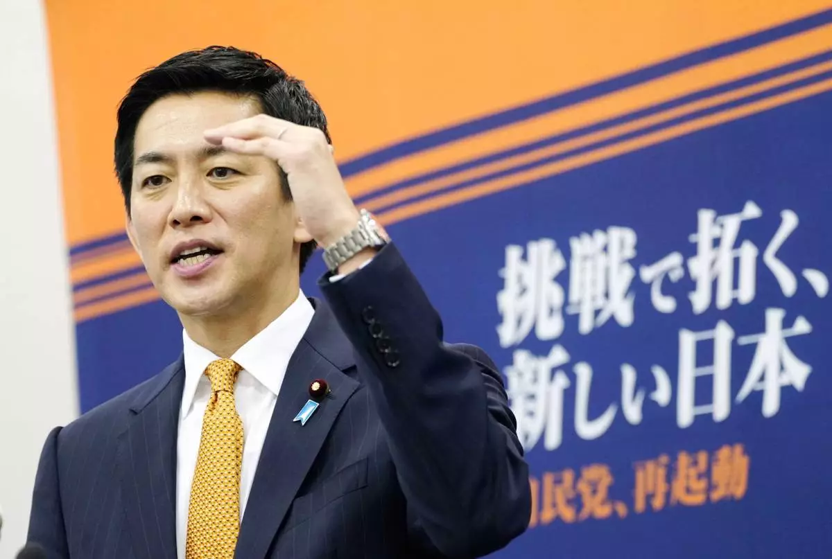 Japan's Former Economic Security Minister Takayuki Kobayashi announces his bid to run in the upcoming ruling Liberal Democratic Party's leadership election, at parliament in Tokyo, on Sept. 16, 2025. (Yohei Fukai/Kyodo News via AP)