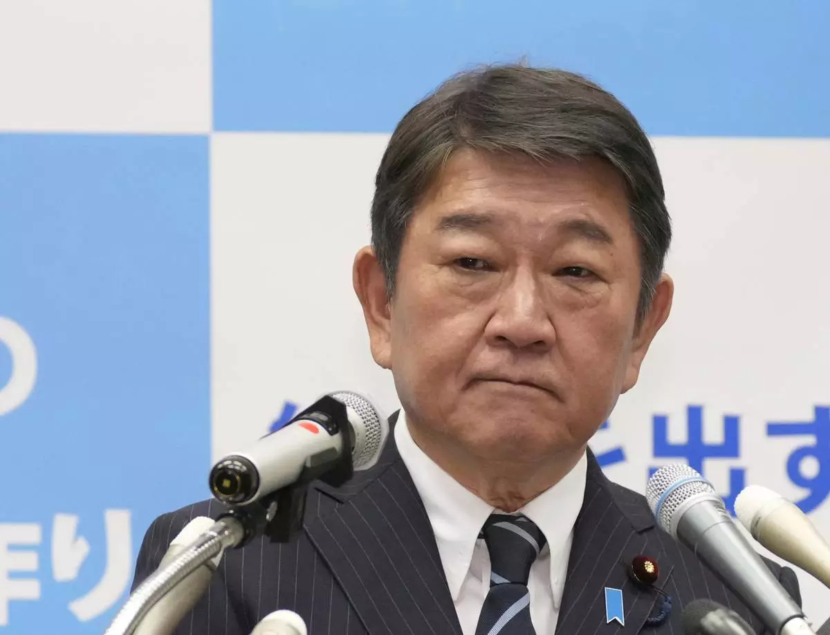 Japan's former Foreign Minister and former secretary general of the ruling Liberal Democratic Party Toshimitsu Motegi announces his bid to run in the upcoming party's leadership election, at parliament in Tokyo, on Sept. 10, 2025. (Daisuke Suzuki/Kyodo News via AP)