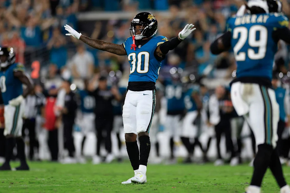 Jacksonville Jaguars cornerback Montaric Brown (30) reacts to breaking up a pass during the fourth quarter of an NFL football matchup at EverBank Stadium, Monday, Oct. 6, 2025, in Jacksonville, Fla. The Jacksonville Jaguars edged the Kansas City Chiefs 31-28. [Corey Perrine/Florida Times-Union]