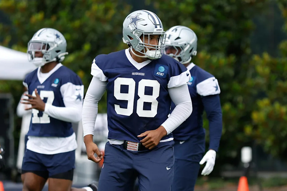 Jun 10, 2025; Arlington, TX, USA; Dallas Cowboys defensive end Payton Turner (98) goes through a drill during practice at the Ford Center at the Star Training Facility in Frisco, Texas. Mandatory Credit: Chris Jones-Imagn Images