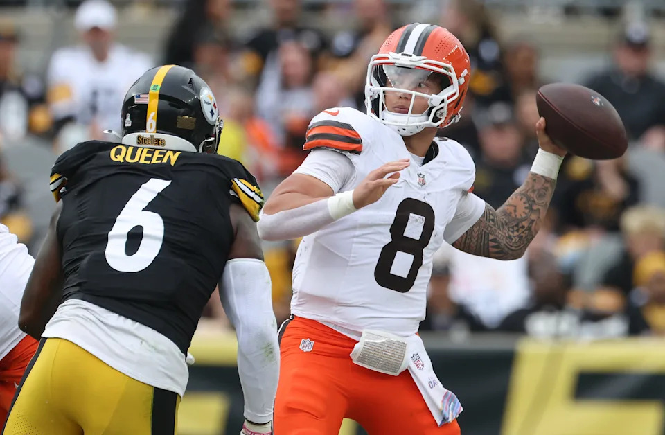 Oct 12, 2025; Pittsburgh, Pennsylvania, USA; Cleveland Browns quarterback Dillon Gabriel (8) passes against pressure from Pittsburgh Steelers linebacker Patrick Queen (6) during the second quarter at Acrisure Stadium. Mandatory Credit: Charles LeClaire-Imagn Images