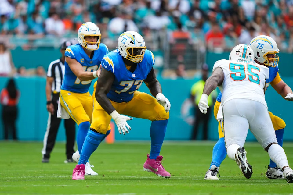 MIAMI GARDENS, FLORIDA - OCTOBER 12: Mekhi Becton #73 of the Los Angeles Chargers drops back to block during an NFL football game against the Miami Dolphins at Hard Rock Stadium on October 12, 2025 in Miami Gardens, Florida. (Photo by Perry Knotts/Getty Images)