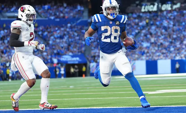 Indianapolis Colts' Jonathan Taylor runs for a touchdown during the second half of an NFL football game against the Arizona Cardinals Sunday, Oct. 12, 2025, in Indianapolis. (AP Photo/AJ Mast)