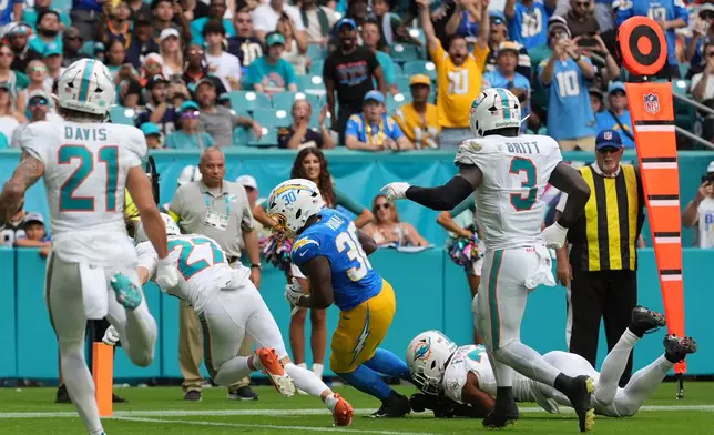 Los Angeles Chargers running back Kimani Vidal scores a touchdown during the second half of an NFL football game against the Miami Dolphins Sunday, Oct. 12, 2025, in Miami Gardens, Fla. (AP Photo/Rebecca Blackwell)