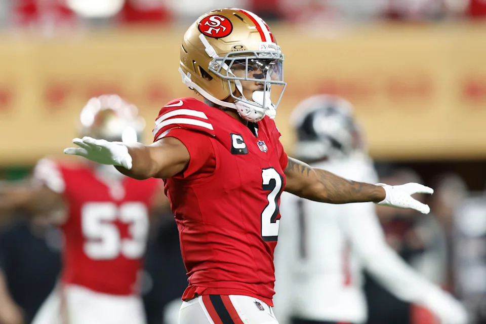 SANTA CLARA, CALIFORNIA - OCTOBER 19: Deommodore Lenoir #2 of the San Francisco 49ers reacts after a defensive stop against the Atlanta Falcons during the third quarter in the game at Levi's Stadium on October 19, 2025 in Santa Clara, California. (Photo by Lachlan Cunningham/Getty Images)