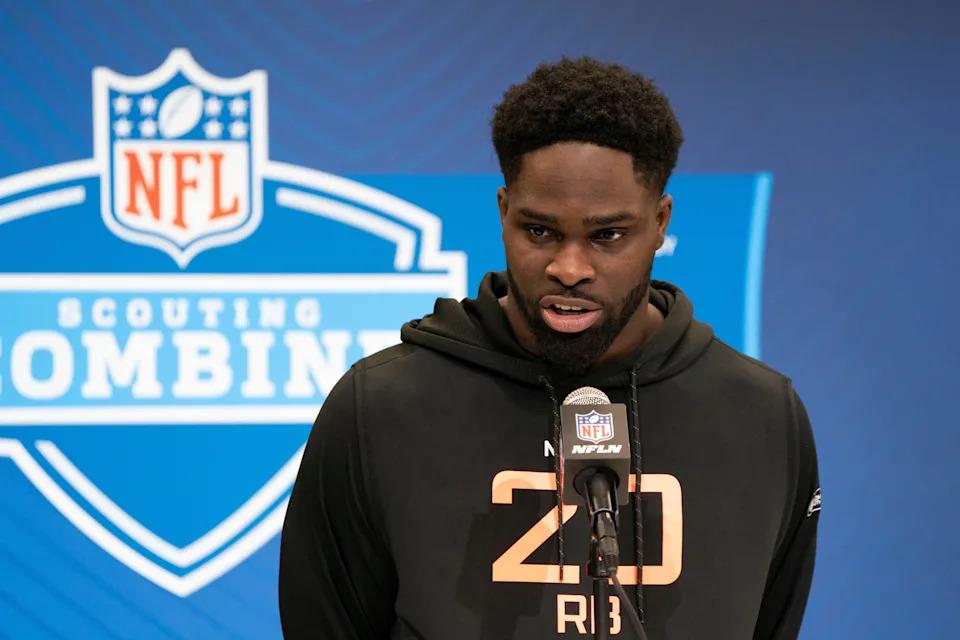 Feb 28, 2025; Indianapolis, IN, USA; Clemson running back Phil Mafah (RB20) talks to the press during the 2025 NFL Combine at Indiana Convention Center. Mandatory Credit: Stephanie Amador Blondet-Imagn Images