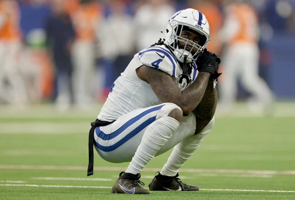 Xavien Howard of the Indianapolis Colts reacts during the first half against the Denver Broncos in the game at Lucas Oil Stadium on September 14, 2025 in Indianapolis, Indiana. Getty Images