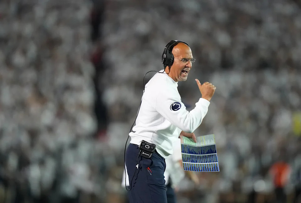 Sep 27, 2025; University Park, Pennsylvania, USA; Penn State Nittany Lions head coach James Franklin reacts during the fourth quarter against the Oregon Ducks at Beaver Stadium. Mandatory Credit: James Lang-Imagn Images