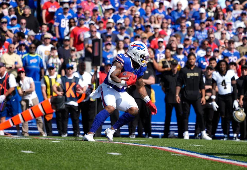 Sep 28, 2025; Orchard Park, New York, USA; Buffalo Bills running back Ty Johnson (26) runs for a gain during the first quarter against the New Orleans Saints at Highmark Stadium. Mandatory Credit: Gregory Fisher-Imagn Images