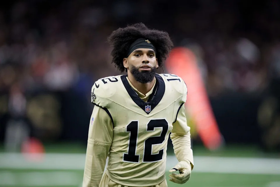 Sep 7, 2025; New Orleans, Louisiana, USA; New Orleans Saints wide receiver Chris Olave (12) at Caesars Superdome. Mandatory Credit: Matthew Hinton-Imagn Images