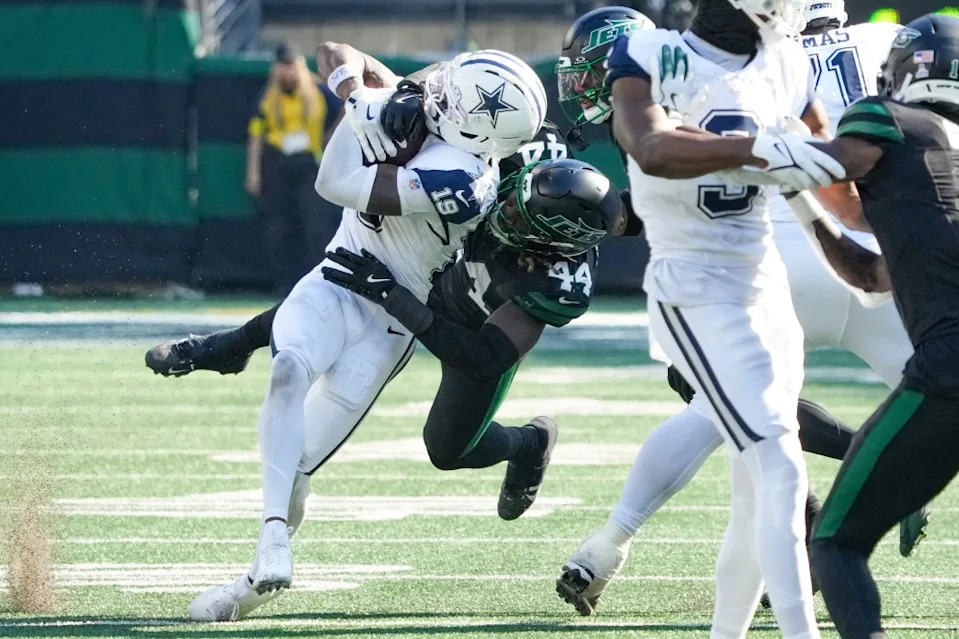 Dallas Cowboys wide receiver Ryan Flournoy (19) is tackled by New York Jets linebacker Jamien Sherwood (44) during the second half at MetLife Stadium IMAGN IMAGES via Reuters Connect