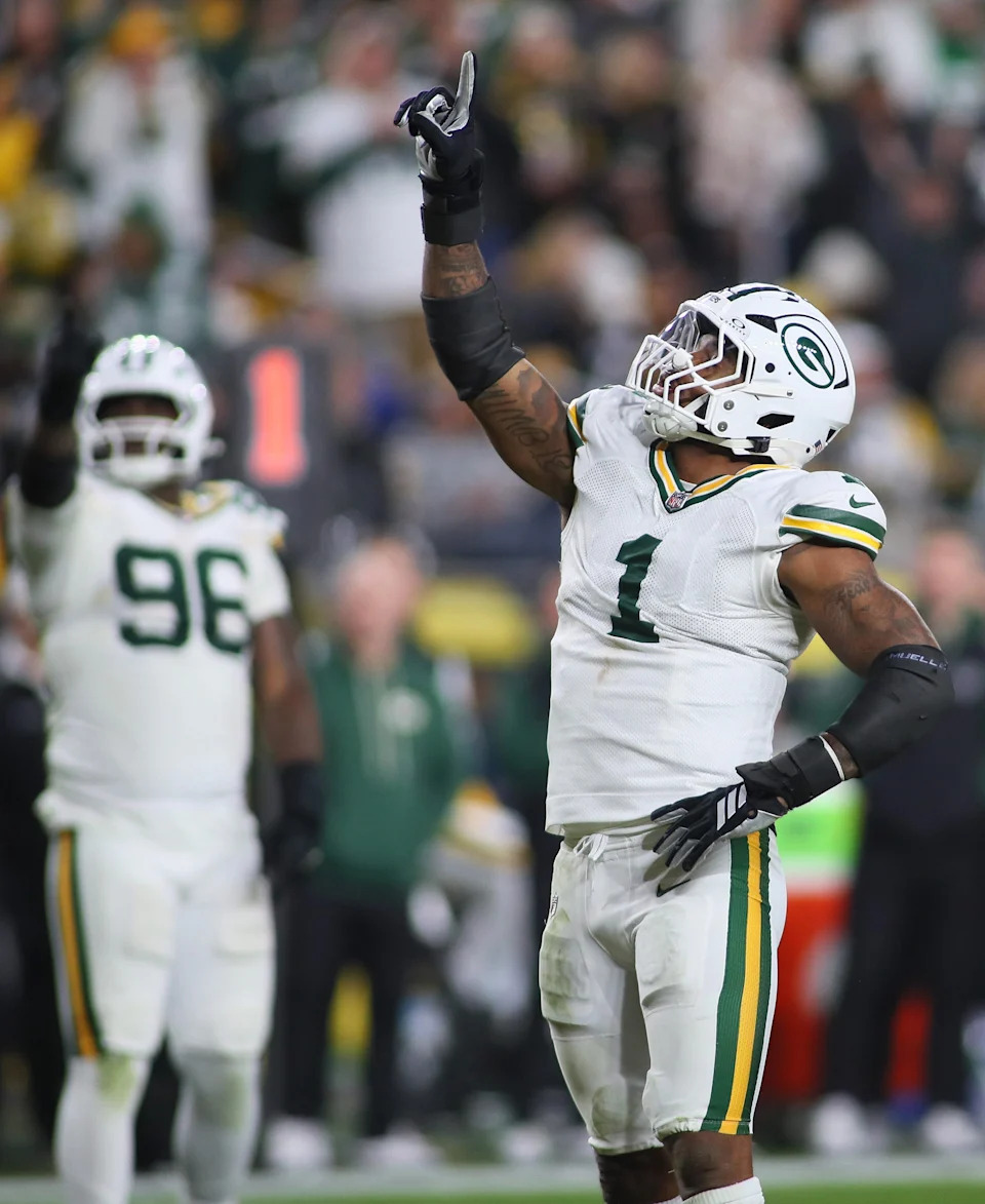 Green Bay Packers defensive end Micah Parsons reacts after sacking Pittsburgh Steelers quarterback Aaron Rodgers.