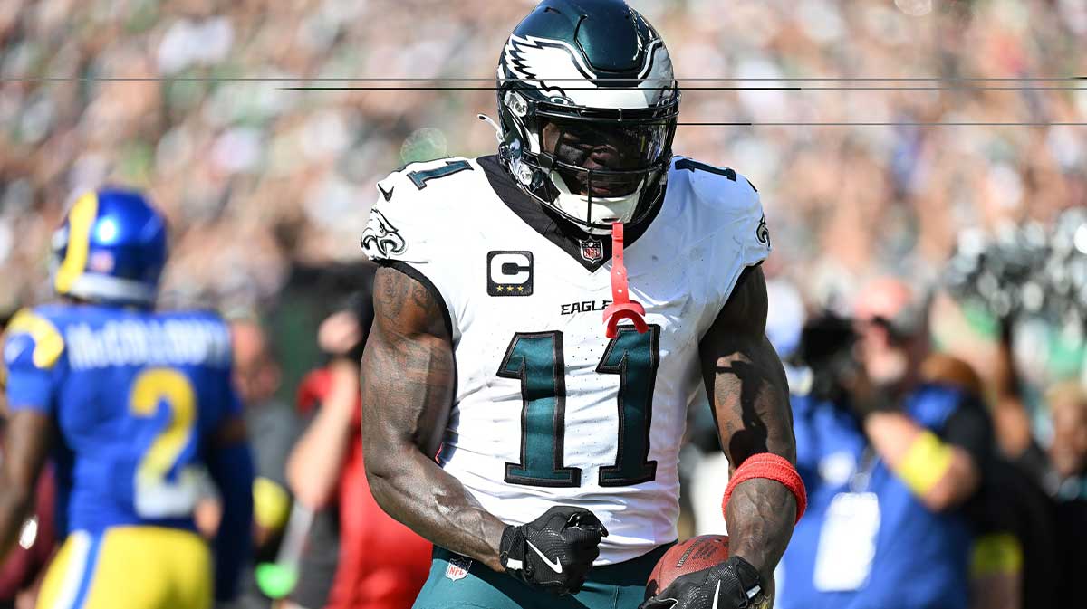 Philadelphia Eagles wide receiver AJ. Brown (11) reacts against the Los Angeles Rams during the second half at Lincoln Financial Field.
