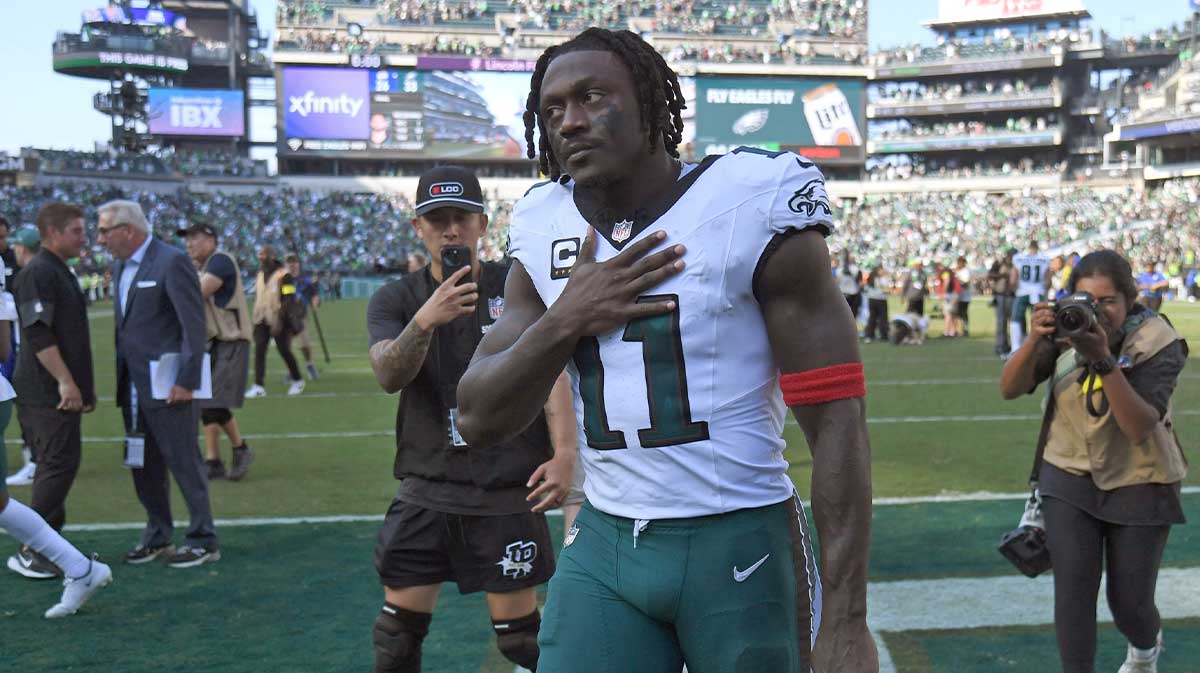 Philadelphia Eagles wide receiver AJ. Brown (11) walks off the field after win against the Los Angeles Rams at Lincoln Financial Field.