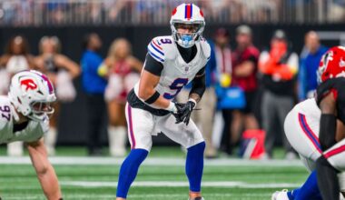 FILE - Buffalo Bills safety Taylor Rapp (9) lines up during the first half of an NFL football game against the Atlanta Falcons, Monday, Oct. 13, 2025, in Atlanta. (AP Photo/Danny Karnik, File)
