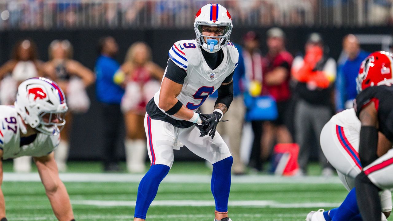 FILE - Buffalo Bills safety Taylor Rapp (9) lines up during the first half of an NFL football game against the Atlanta Falcons, Monday, Oct. 13, 2025, in Atlanta. (AP Photo/Danny Karnik, File)