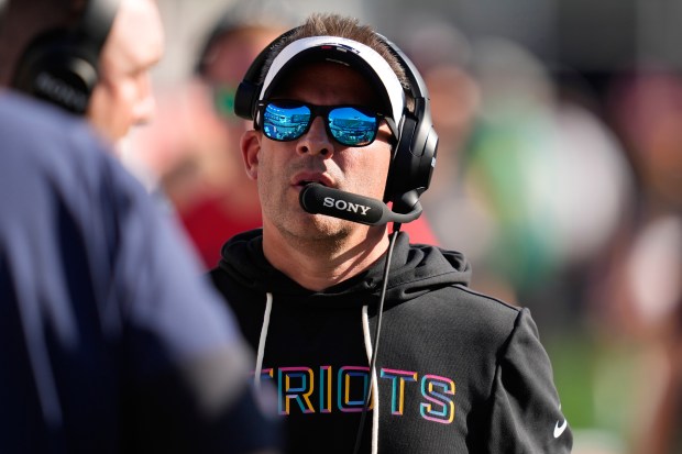 New England Patriots offensive coordinator Josh McDaniels during an NFL football game, Sunday, Sept. 28, 2025, in Foxborough, Mass. (AP Photo/Charles Krupa)