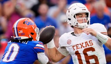 Florida defensive back Sharif Denson (0) puts pressure on Texas quarterback Arch Manning (16) during the second half of an NCAA college football game, Saturday, Oct. 4, 2025, in Gainesville, Fla. (AP Photo/John Raoux)