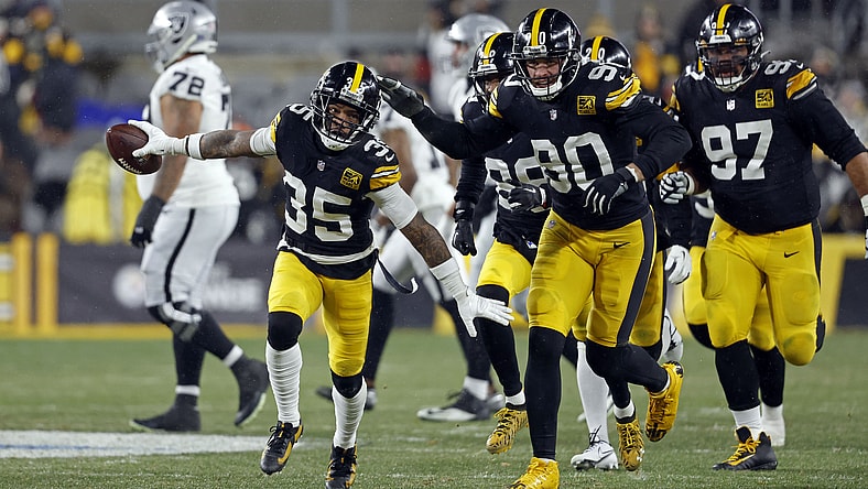 Pittsburgh Steelers cornerback Arthur Maulet (35) celebrates after a play during an NFL football game against the Las Vegas Raiders, Sunday, Dec. 24, 2022, in Pittsburgh. (AP Photo/Tyler Kaufman)