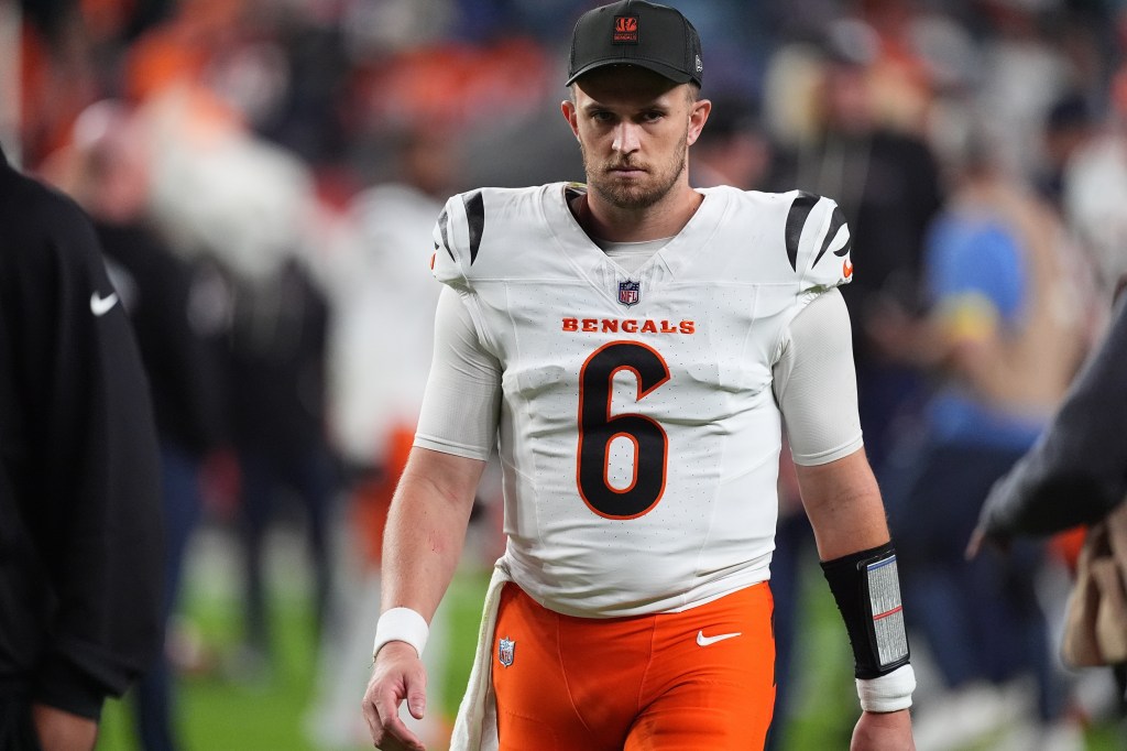 Bengals quarterback Jake Browning in his uniform.