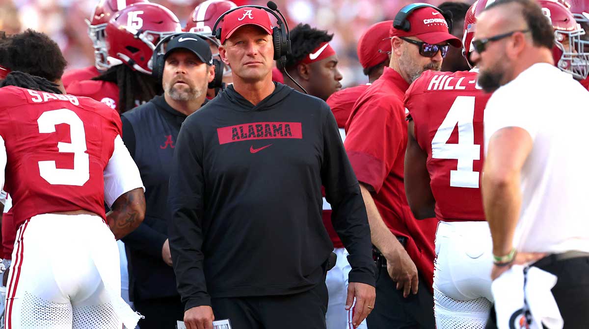 Alabama Crimson Tide head coach Kalen DeBoer watches from the sidelines during the second quarter against the Vanderbilt Commodores at Saban Field at Bryant-Denny Stadium.