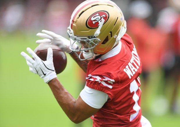 San Francisco 49ers' Jordan Watkins (17) catches a pass during practice at the 49ers training camp at the practice facility at Levi's Stadium in Santa Clara, Calif., on Thursday, July 24, 2025. (Doug Duran/Bay Area News Group)