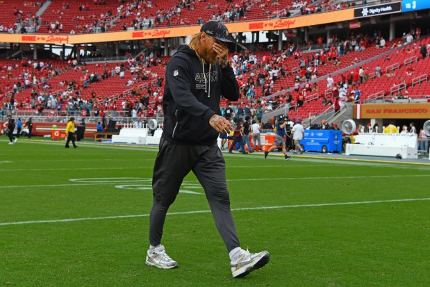 San Francisco 49ers tight end George Kittle (85) walks off the field after their NFL game at Levi's Stadium in Santa Clara, Calif., on Sunday, Sept. 28, 2025. The Jacksonville Jaguars defeated the San Francisco 49ers 26-21. (Jose Carlos Fajardo/Bay Area News Group)