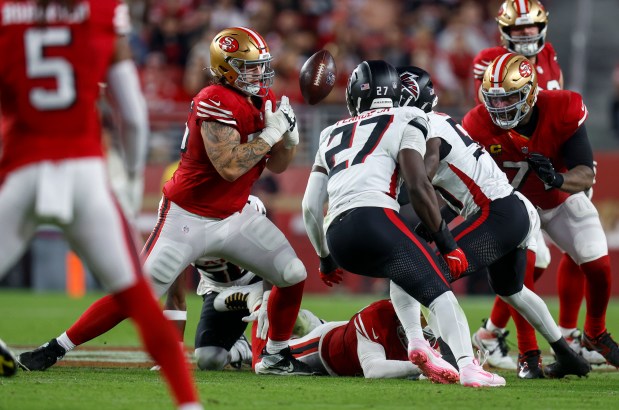 San Francisco 49ers' Connor Colby (75) catches the ball on a fumble against the Atlanta Falcons in the second quarter at Levi's Stadium in Santa Clara, Calif., on Sunday, Oct. 19, 2025. (Nhat V. Meyer/Bay Area News Group)